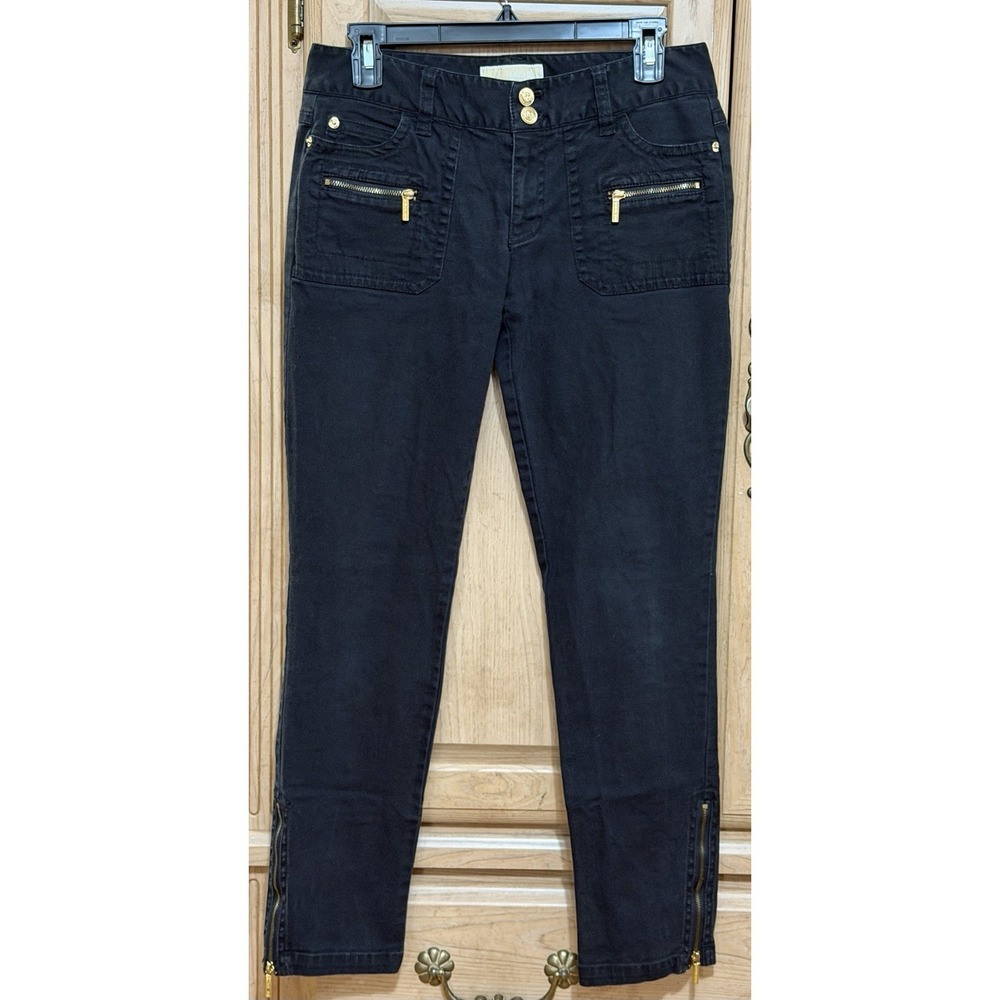 Michael Kors Black Stretch Denim Jeans Womens 6 Dark Wash Pockets Ankle Gold Zip